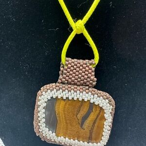 Brown and Gold Tigers Eye carved Stone & Glass beaded bezel pendant Necklace